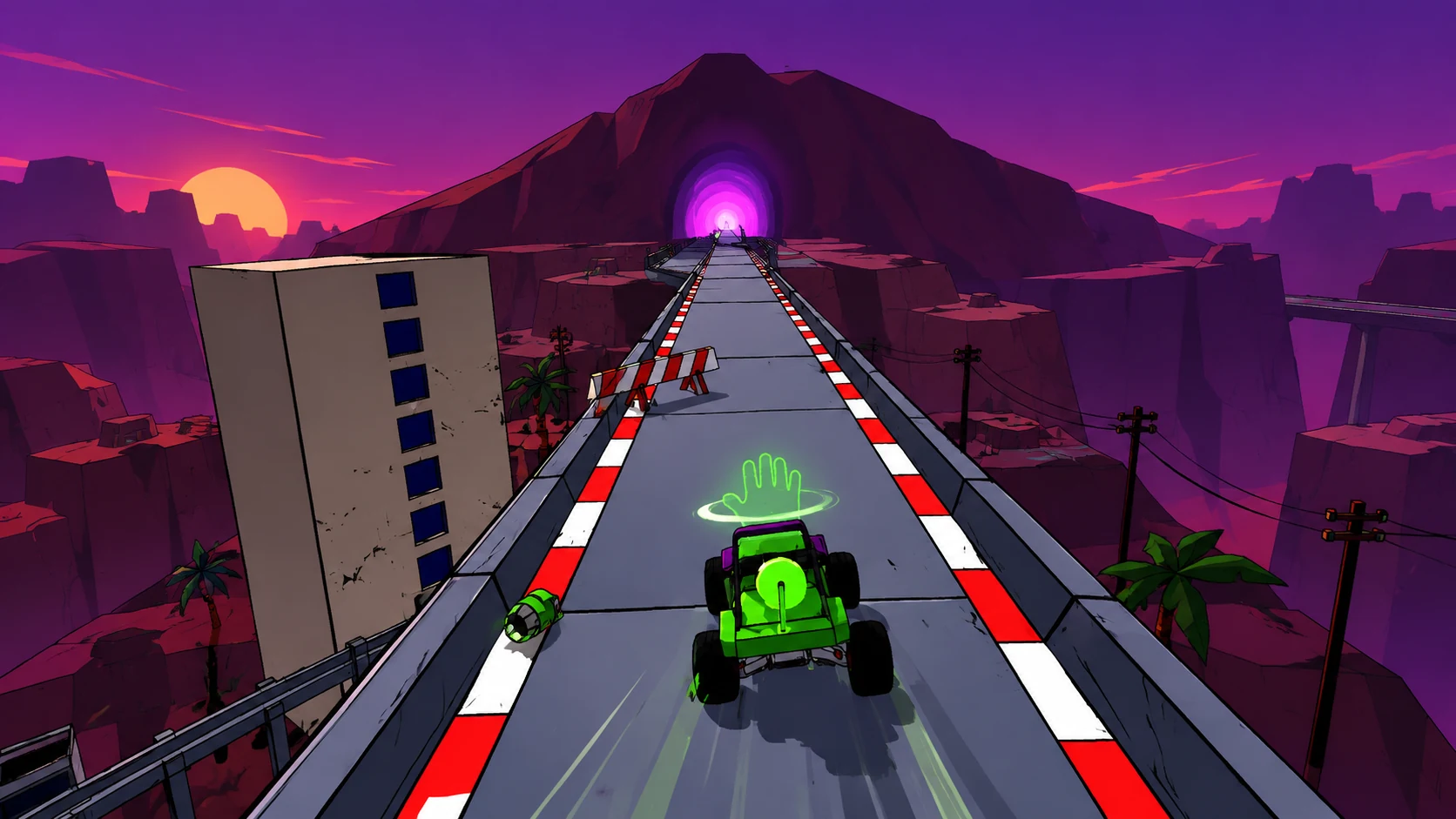 Generated cover art of a lime-green car racing on an elevated road toward a glowing tunnel through a purple canyon.