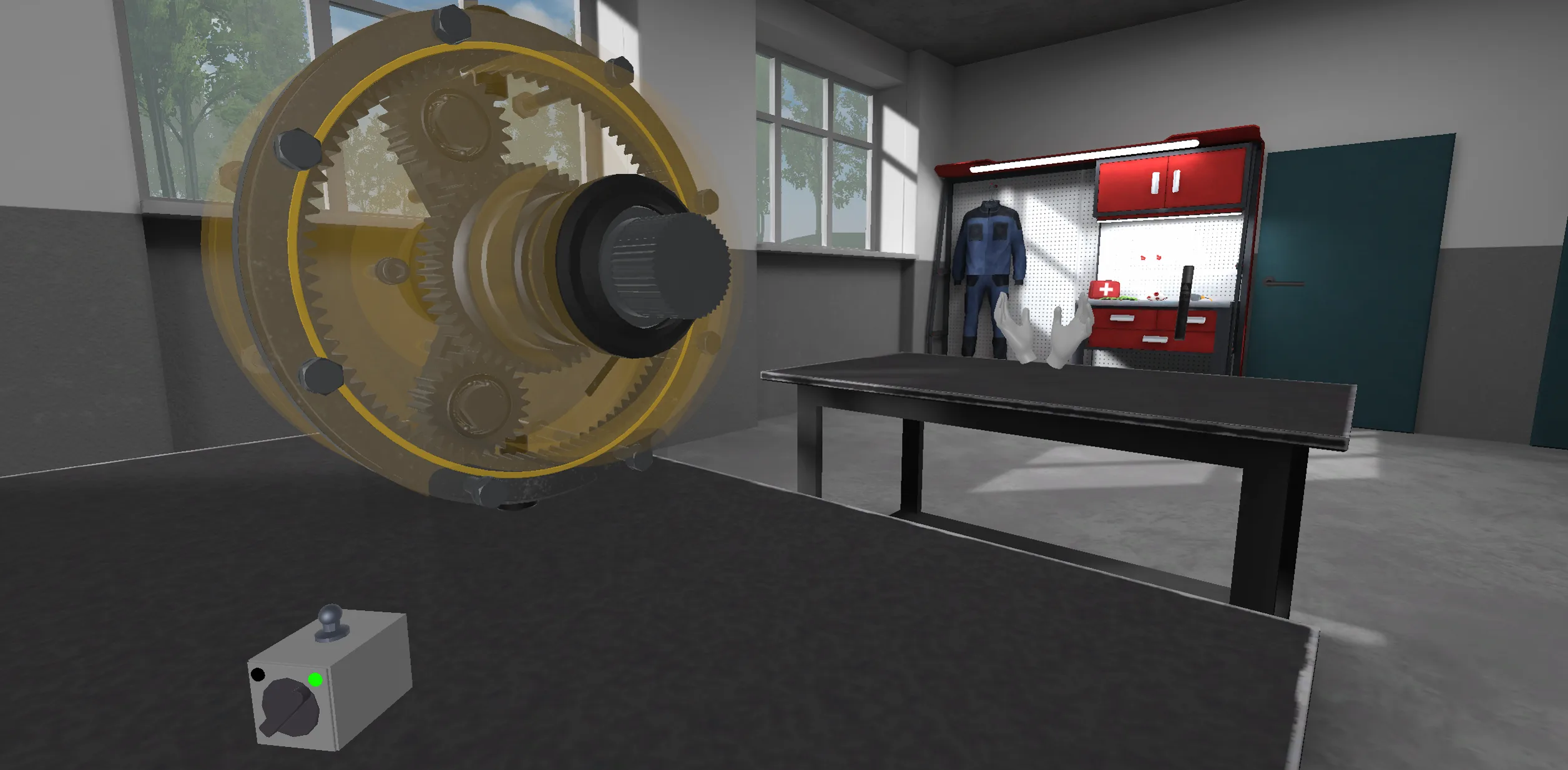 A transparent planetary gearbox in a virtual technical workshop, revealing its internal gears and shafts.