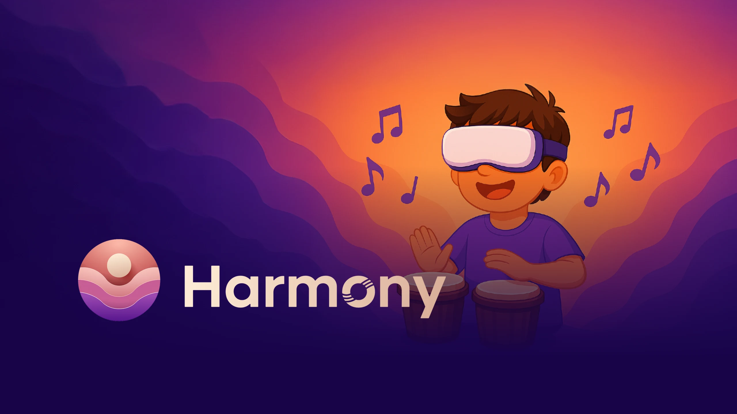 Harmony promotional artwork showing a child wearing a VR headset and playing drums against a purple and orange background.