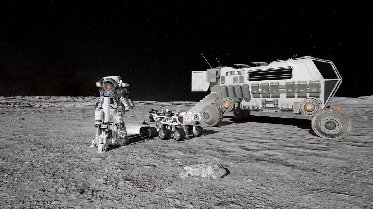 An astronaut operating a drill beside two lunar rovers on a moon landscape.