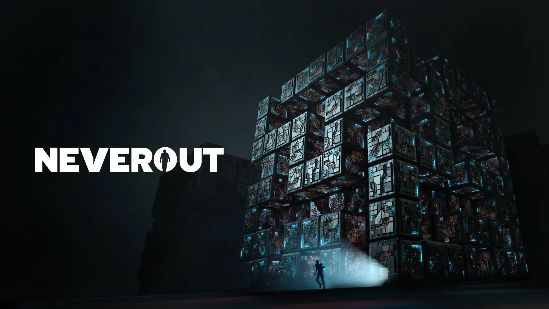 Official Neverout cover art showing the logo beside a towering cube structure in a dark industrial space.