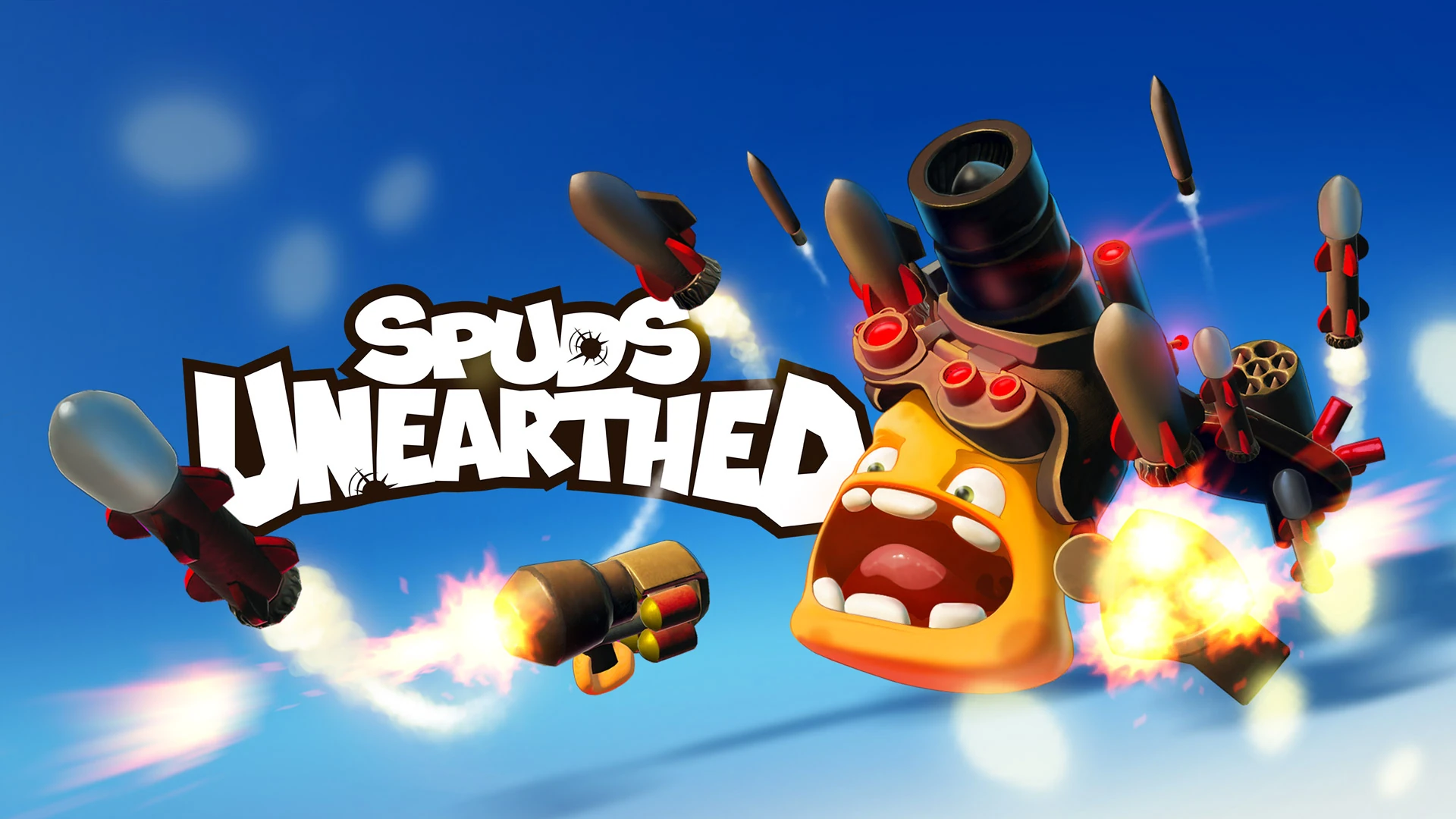 Spuds Unearthed logo beside a flying Spud surrounded by missiles and firing weapons against a blue sky.