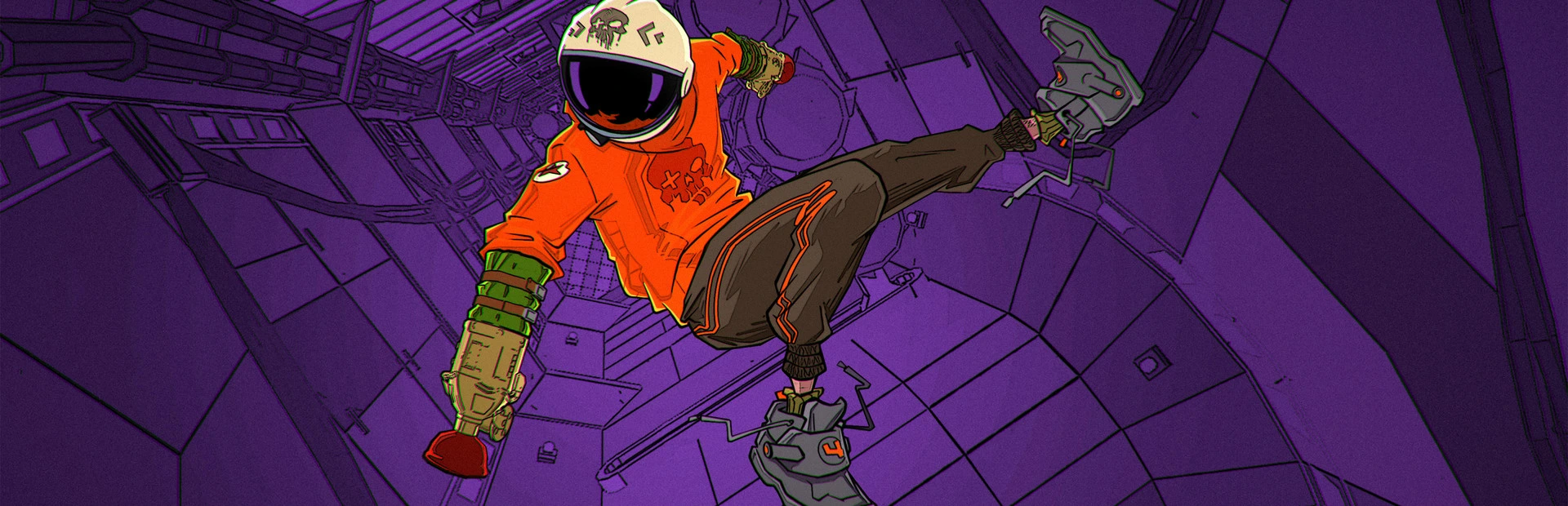 Official Yupitergrad key art showing an orange-suited astronaut moving through a purple space-station interior.