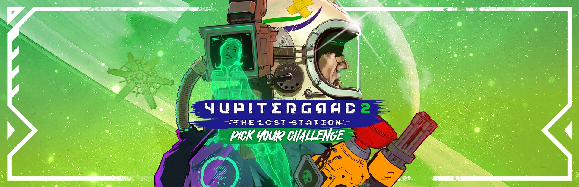 Official Yupitergrad 2 key art with an astronaut, projected companion, and a distant space station.